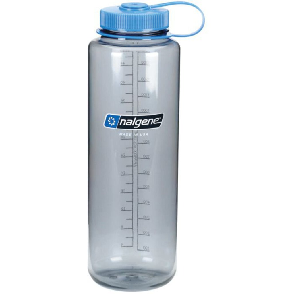 Nalgene Sustain Wide Mouth Silo Water Bottle, 48oz, Gray w/ Blue Lid
