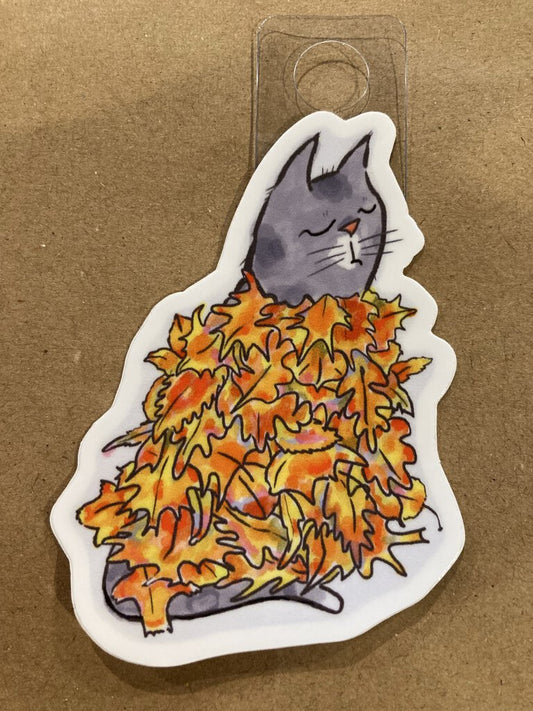 Cat in Leaves Sticker
