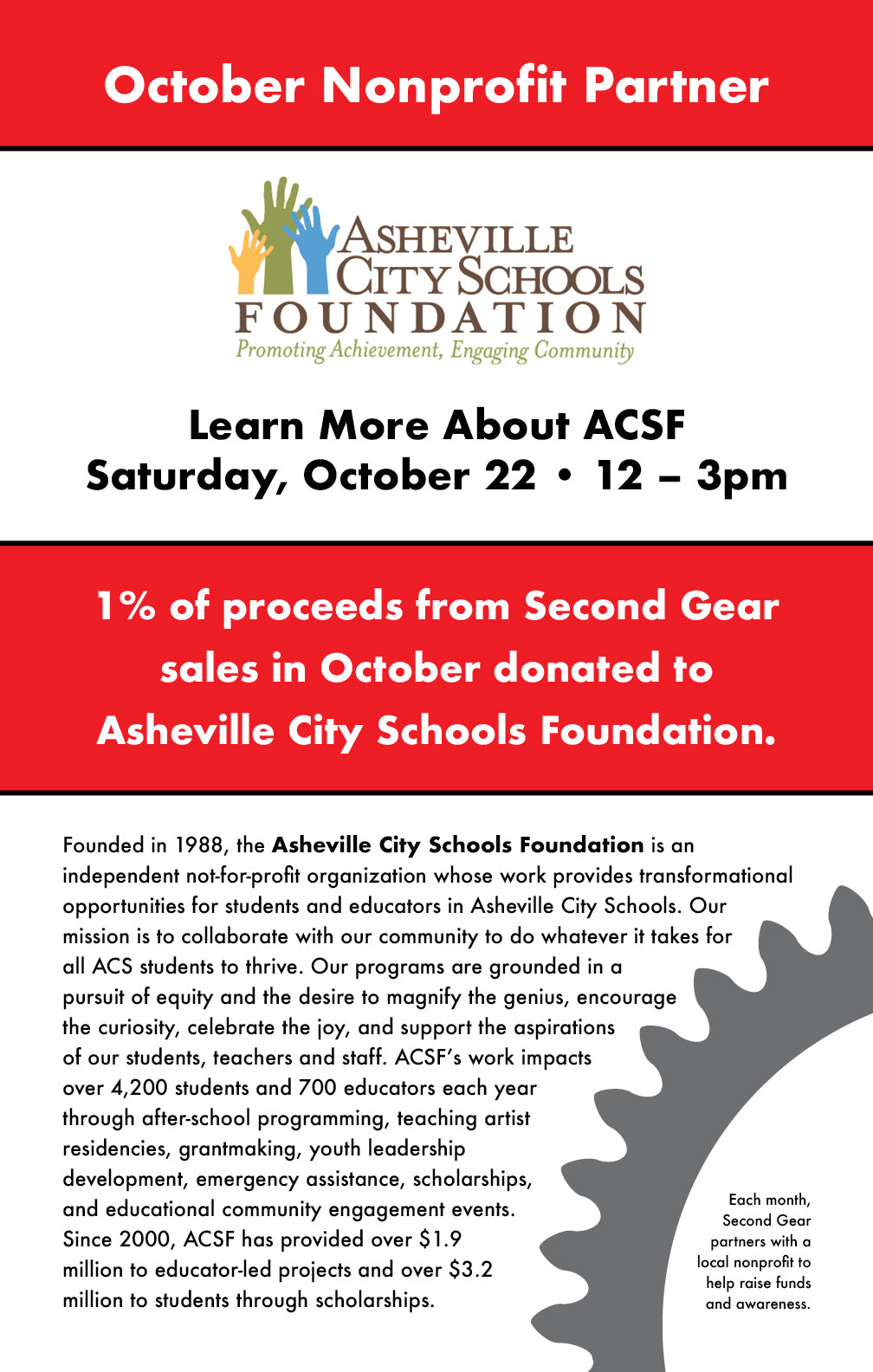 Second Gear's October Nonprofit Asheville City Schools Foundation