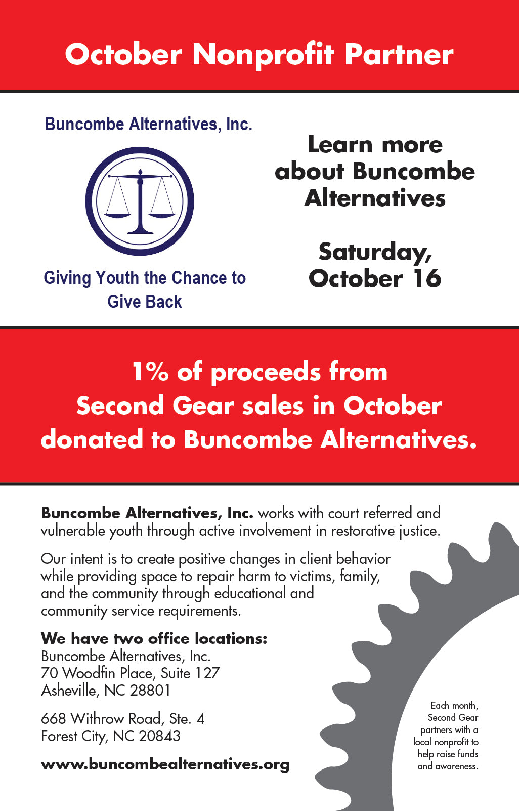 Second Gear's October Non-Profit: Buncombe Alternatives Inc.