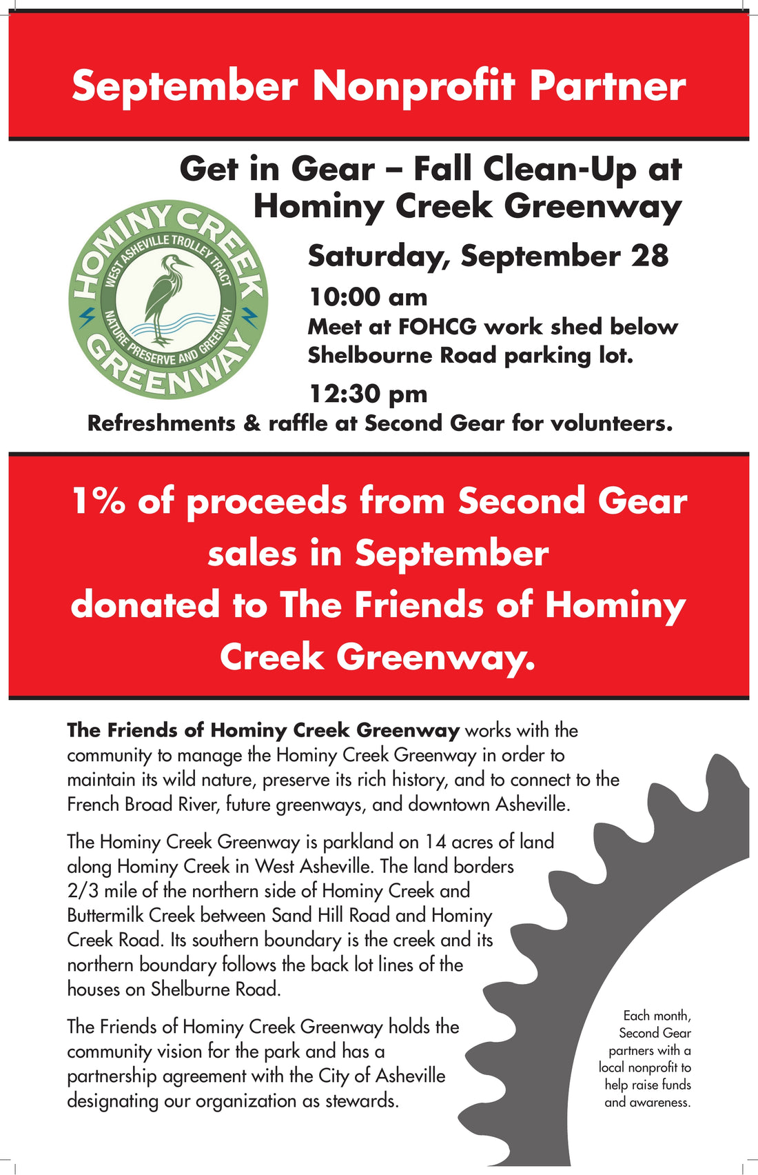 Friends of Hominy Creek Greenway River Clean Up, Saturday, September 28